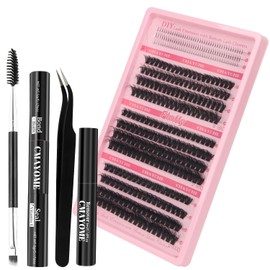 MOTIBACK 352pcs Eyelash Extension Set， False Eyelashes D Curl Set，5-18mm Cluster Fluffy Extender DIY Kit with Double End Glue + Tweezers for Self Use + Brush（Black）