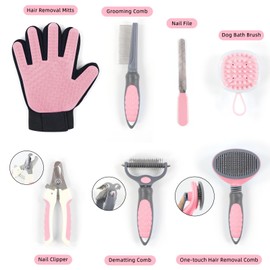Wisedog Pet Grooming Tool Kit dog cat nail file & nail clipper set, Grooming comb, dematting comb, One-touch hair removal comb, dog bath brush, Hair removal mitts(Upgraded Pink)