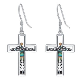KoyeKei Mustard Seed Cross Earrings for Women 925 Sterling Silver Mountain Pine Tree Dangle Drop Earrings Faith Religious Jewelry Mothers Day Gifts for Mom Christian