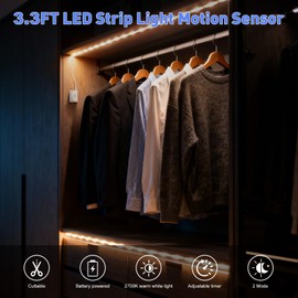LUXJET Rechargeable Motion Sensor Wardrobe Light, 3.3ft Flexible LED Strip with 30LED, PIR and Light Sensor, Warm White Night Light for Bedroom, Kitchen, Wall, Closet, Cabinet