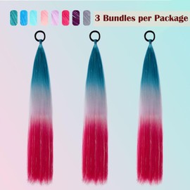 PORSMEER 3 Pcs Rainbow Hair Extensions With Elastic Tie,3 Tone Mermaid Hair for Braiding Crochet,Synthetic Braided Ponytail Extension for Women,Glitter Hair for Festival/Party (Green/Silver Gray/Red)
