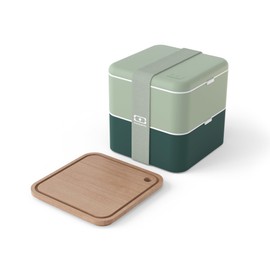 monbento - to Go Lunch Set Green Bicolor - Large Bento Lunch Box Adult MB Square + Wooden Cutting Board MB Cut Square Compatible with The Bento Box - Perfect for Picnics/Work - Green & Wood