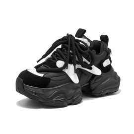 BEAU TODAY Chunky Sneakers for Women，Womens Fashion Sneakers, Lace Up Platform Comfortable Leather Dad Shoes for Women Black-White US 7