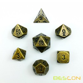 Bescon Ancient Brass Solid Metal Polyhedral D&D Dice Set of 7 Antique Copper Metal RPG Role Playing Game Dice 7pcs Set
