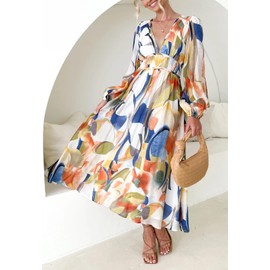 Sissyaki Women's Long Sleeve Boho Floral Maxi Dress Smocked Beach Flowy Dress Multi Blue-Watercolour M