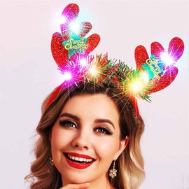 Reaky Light Up Christmas Headband Led Red Reindeer Antlers Headband Christmas Antlers Hairband Christmas Accessories for Women
