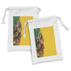 Lunarable Masquerade Fabric Pouch Set of 2, Ornamental Mardi Gras Carnival Celebration Culture Venetian, Small Drawstring Bag for Toiletries Masks and Favors, 9" x 6", Mustard Purple and Green
