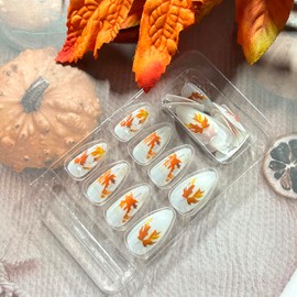 LOPMNGHT Thanksgiving Day Press on Nails Medium Almond Artificial Acrylic Nail Gradient Transparent Yellow Maple Leaf Unique Stick on Nails Full Cover Artificial Fingernails for Women Festival 24Pcs