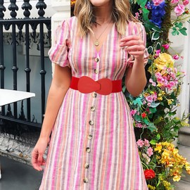 WHIPPY Women Wide Elastic Belt Ladies Stretch Dress Belt Fashion Waistband with 8-shaped Interlock Leather Buckle, Red, Fit Waist Size 25"-29"