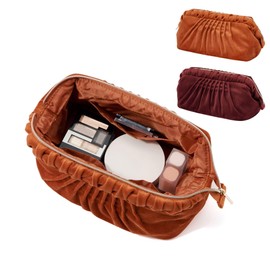 Francfranc Velour Pleated Wire Pouch, Orange with Pocket, Cosmetic Storage