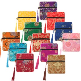 kilofly 12 pc Silk Brocade Tasseled Coin Purse Zipper Jewelry Bag Gift Pouch Set