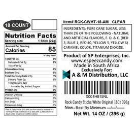 Extra Large Rock Candy Sticks: 18 White Rock Candy Sticks - Original - Individually Wrapped for Party Favors, Candy Buffet, Showers, Receptions, Old Fashioned Espeez Bulk Candy on a Stick