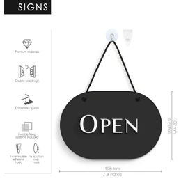 3DP Signs | Stylish Oval Black - Open/Closed Door Sign [OC35] - Double-Sided Hanging Door Plate - Reversible Open Closed Business Shop Window Sign for Bar Pubs, Restaurants and Shops