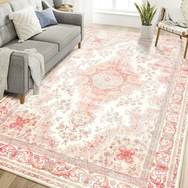 Castage 6'x9' Area Rugs Washable,Pink Rug for Living Room Bedroom,Large Boho Vintage Bohemian Distressed Oriental Carpet Non Slip,Blush Floral