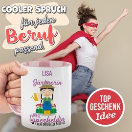 Tassendruck Berufe-Tasse mit Name personalisiert - Gärtnerin weil Superheldin kein Beruf ist - Geschenk für Kollegin zum Geburtstag | Personalisierte Geschenke, Innen & Henkel Rosa, 300 ml