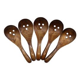 ciao Slotted Astragalus Spoons, Set of 5, Lotus Spoons, Wooden Astragalus Spoons, Large, Cutlery, Wood, Ramen, 6.0 x 1.5 inches (15.2 x 3.7 cm) (Brown)