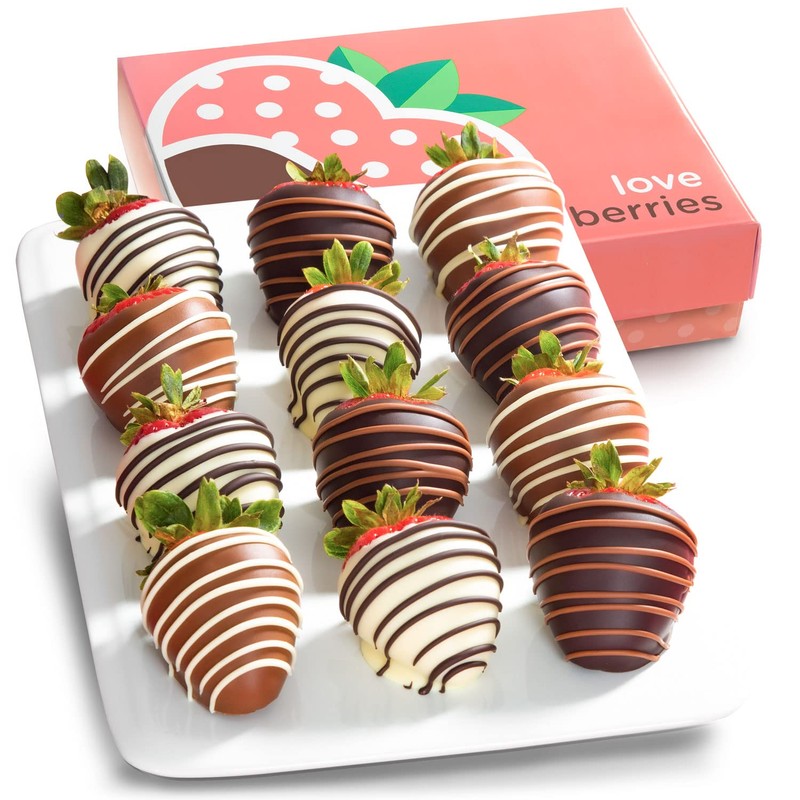 Chocolate Covered Strawberries, 12 Dark/Milk/White Delight