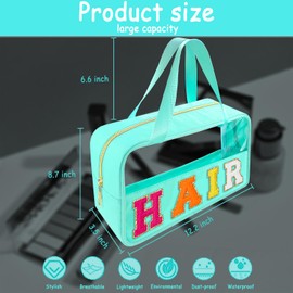 Bunliuys Chenille Letter Clear Makeup Bag Hair Patch, Travel Toiletry Makeup Bag with Handle, Nylon Waterproof Makeup Bags clear cosmetic bag, preppy patch makeup bag for Women (HAIR-Mint Green)