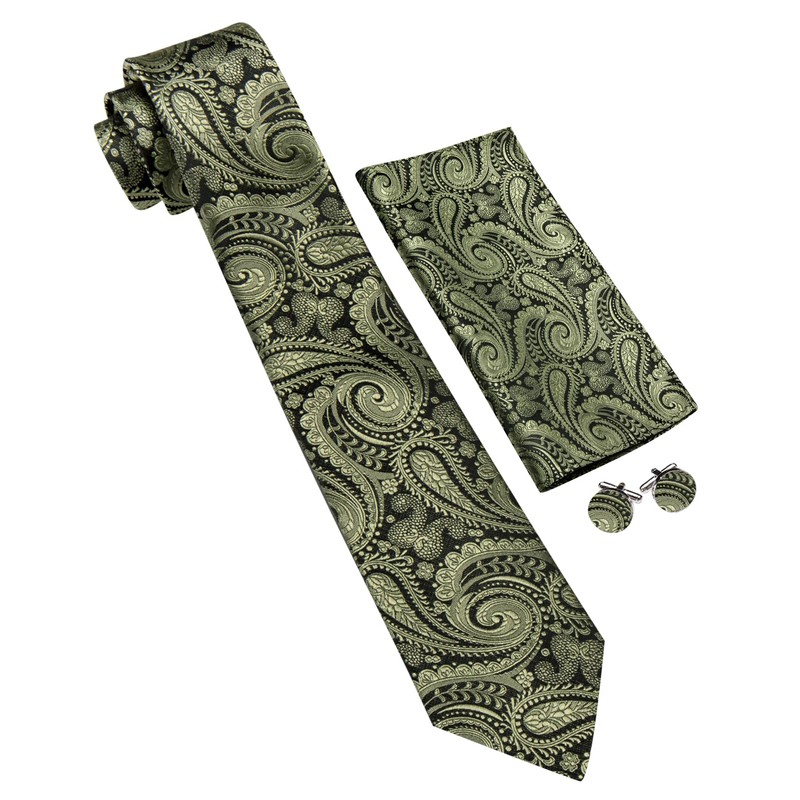 Barry.Wang Olive Green Black Ties for Men Paisley Silk Necktie