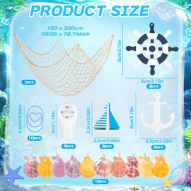 33-Piece Fishing Net Decoration Set 1.5 x 2 m, Fishing Net Decoration with Shells, Sailing Boat, Steering Wheel, Wooden Anchor, Picture Hanger, Fishing Net Wall Decoration for Home Decoration, Beach