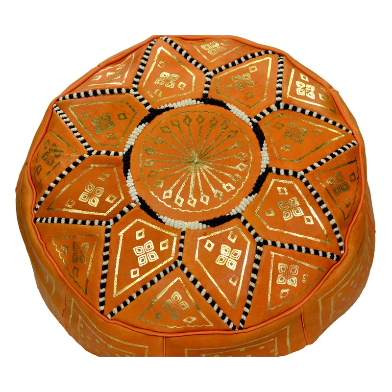 Moroccan Pouf Ottomans Hand Made Leather Luxury Footstools Cover Orange