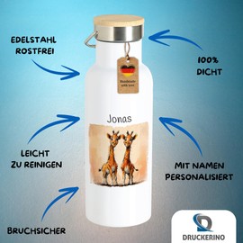 Druckerino Trinkflasche Kinder mit Namen personalisiert - Kindertrinkflasche Thermoflasche - personalisierte Trinkflasche für Kinder 500 ml Thermosflasche (Giraffen)