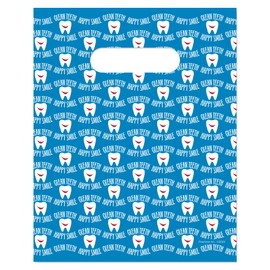 Practicon Happy Smile Clean Teeth 8" x 10" Dental Giveaway Bag, Dental Hygiene Patient Care Goodie Bag, Dentist Office Plastic Gift Bags, 100 Pack