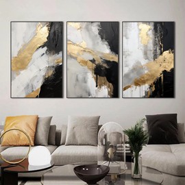 Black and Gold Abstract Canvas Wall Art Modern Abstract Painting Gold Foil Abstract Painting Black Gold Grey Abstract Wall Art Gold Foil Artwork Black Grey Gold Pictures for Wall 16x24inchx3 No Frame