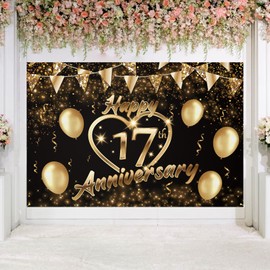 Happy 17th Anniversary Backdrop Banner Decor Black Gold – Glitter Love Heart Happy 17 Years Wedding Anniversary Party Theme Decorations for Women Men Supplies