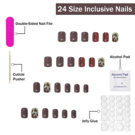 Fall Press on Nails Short Square SWEKKE Fake Nails Cute False Nails with Pumpkin Maple Leaves Designs Brown Full Cover Glossy Glue on Nail Autumn Acrylic Nail for Women Girls 24Pcs