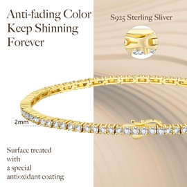 KRKCLIFE Tennis Bracelet 925 Sterling Silver 2mm, 14K Gold Bracelets for Women | White Gold Silver Brecelets, Iced Out Cubic Zirconia Classic, Birthday Gift for Her Women Girls, Gold Size 7.0 Inches