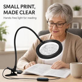 10X LED Magnifying Glass Desk Lamp with Clamp, 3 Color Modes & 10 Brightness Levels