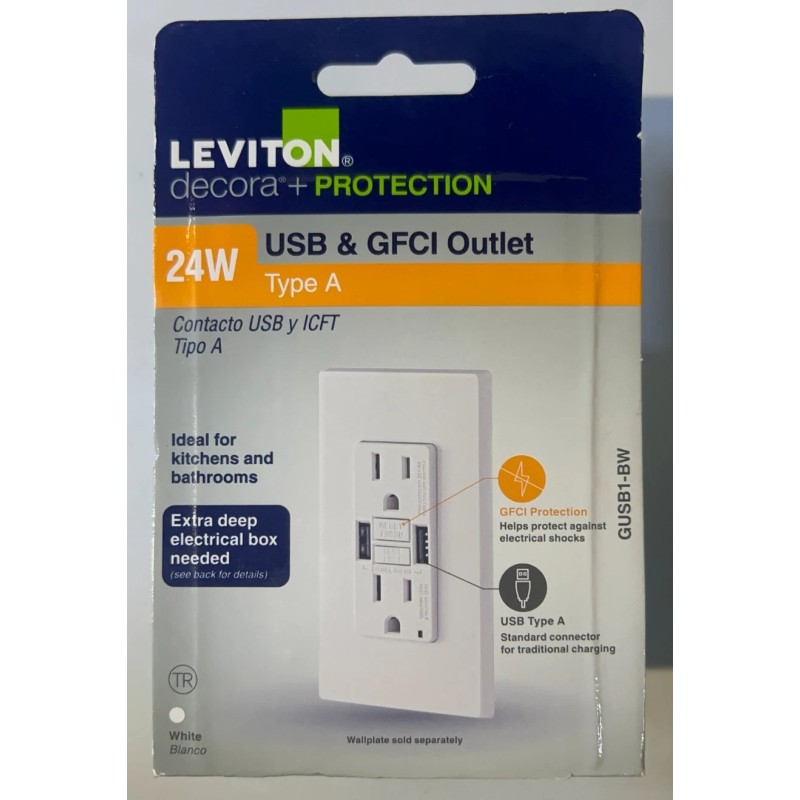 Leviton 15A GFCI USB Outlet 24W (4.8A) SmartlockPro Type A