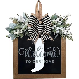 Last Name All Year Round Front Door Wreath,Front Porch Decoration 26 Letter Welcome Wreath, Eucalyptus and Bow Wreath for Spring, Summer, Autumn, Winter, Wall Window, Porch Farmhouse Decoration（J）