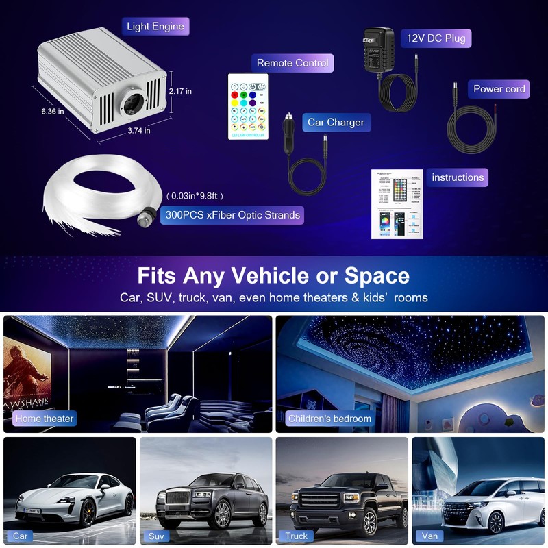 VASTFIRE Starlight Headliner Kit - 300pcs 0.03in 9.8ft Fiber Optic