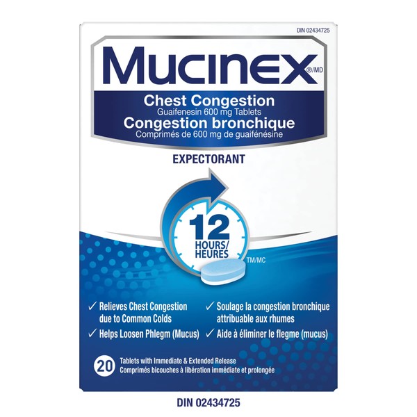 Mucinex Chest Congestion Guaifenesin 600 mg Tablets Expectorant (Cough Medicine), 20 Count