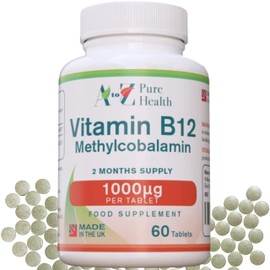 Energy Supplement, Vitamin B12 Complex High Strength Vegan Tablets | 1000mcg 60 Tablets (2 Month's Supply) | Premium, High Strength B12 Methylcobalamin | Reduces Tiredness & Fatigue | UK Made