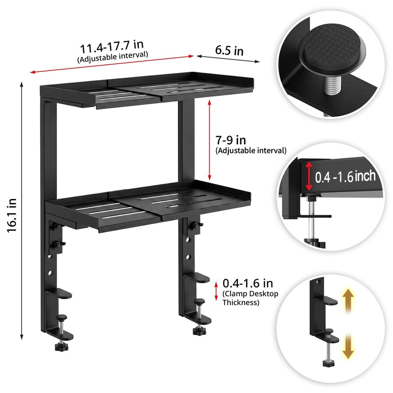 Expandable Clamp on Desk Shelf, Desktop Organizer with Headphone Holder