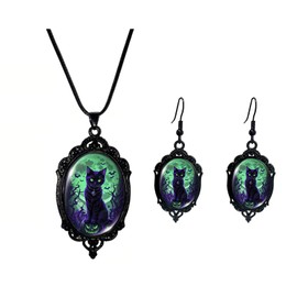 Gothic Jewelry for Women Halloween Cameo Earrings Necklace Set Gothic Black Cat Earrings Vintage Black Cat Necklace Wicked Witch Earrng Victoria Cameo Necklaces Halloween Costume Accessories Jewelry
