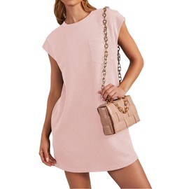 Poetsky Casual Dress for Summer Loose Cap Sleeve Crew Neck Comfy Beach Fashion Short Tshirt Dress with Pockets Pink M
