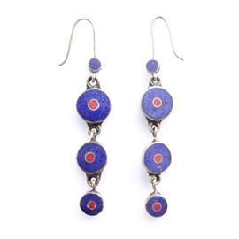 Unique ethnic designer long drop dangle earrings for women blue earrings lapis lazuli gemstone chip inlay Tibetan tribal boho earrings by Indian artisan