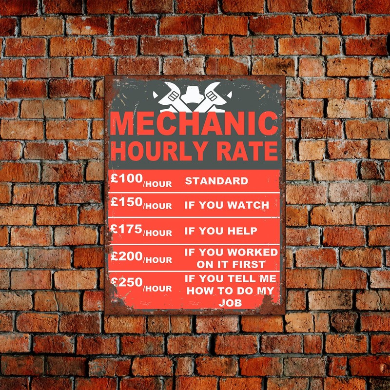 Mechanic Hourly Rate Funny Garage Sign Theme Retro style metal