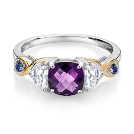 Gem Stone King 925 Silver and 10K Yellow Gold 3-Stone Ring Cushion Amethyst Half Moon Moissanite (1.36 Carat Cttw) (Size 7)