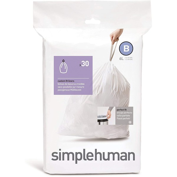 simplehuman Code B Drawstring Trash Bags, 6 Liter / 1.6 Gallon, White, 30 Count, Liners