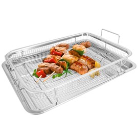 KAILIYA Large Air Fryer Basket with Tray for Oven 11.8"" x 8.7"" Stainless Steel Air Fryer Basket and Tray Set Nonstick Bakeware Sets Air Fry Crisper Tray with Baking Pan Silver
