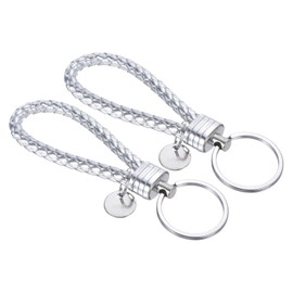 PATIKIL Braided Leather Keychain with Stainless Steel Key Ring Sleeve, 2 Pack PU Woven Wristlet Lanyard Strap Fob Keyring Holder for Car Bag Wallet Pendant, Silver