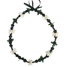 Azusa Sun Graduation Leis Necklace for Women Men Hawaiian Shell Kukui Nut Leis Necklace with Ribbon Bow Tie Closure High School College Graduation Party Accessories - Black