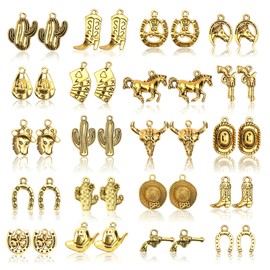 MARFOREVER 40 Pcs/20 Pairs Western Cowboy Cowgirl Charms for Jewelry Making, Antique Gold Dangle Charm Boot Hat Horse Cactus Pendants for Bracelet Necklace Earrings Making Accessories