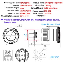 Mini Emergency Stop Push Button Switch 5/8" Hole 16mm 2 Way 2Pole 6 Pin Latching with Transparent Waterproof Protective Cover UL Certification