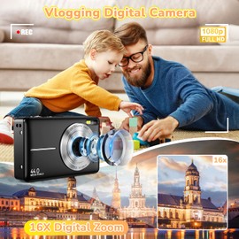 Jukanur Digital Camera, 2024 Upgraded 1080P 44MP Digital Cameras for Kids, Digital Point and Shoot Camera with 16X Zoom, 32GB SD Card, Time Stamp, Compact Small Travel Camera for Boys Girls Teens, Black